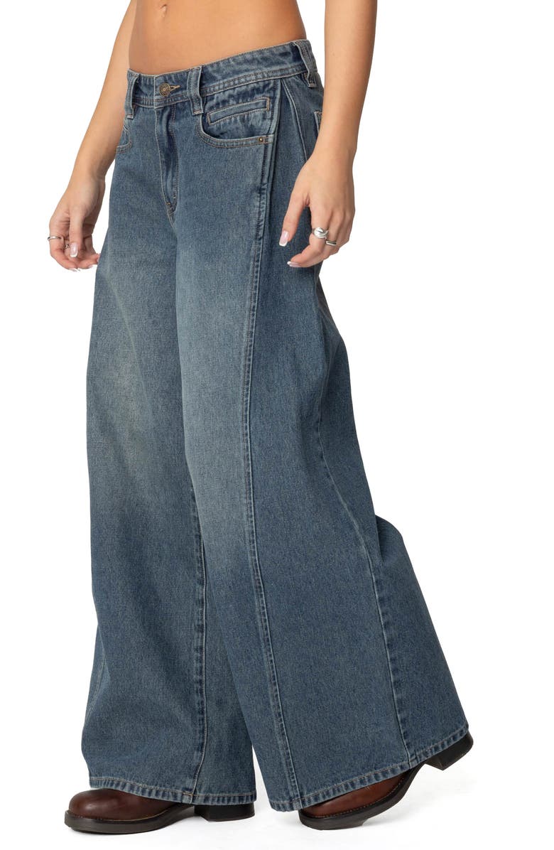 EDIKTED Hilla Side Pleat Low Rise Baggy Wide Leg Jeans, Alternate, color,