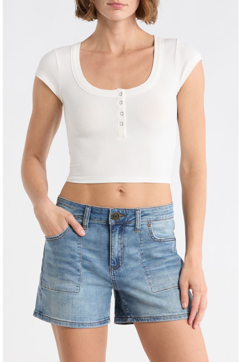 Snap Front Cap Sleeve Crop Henley, Main, color, IVORY