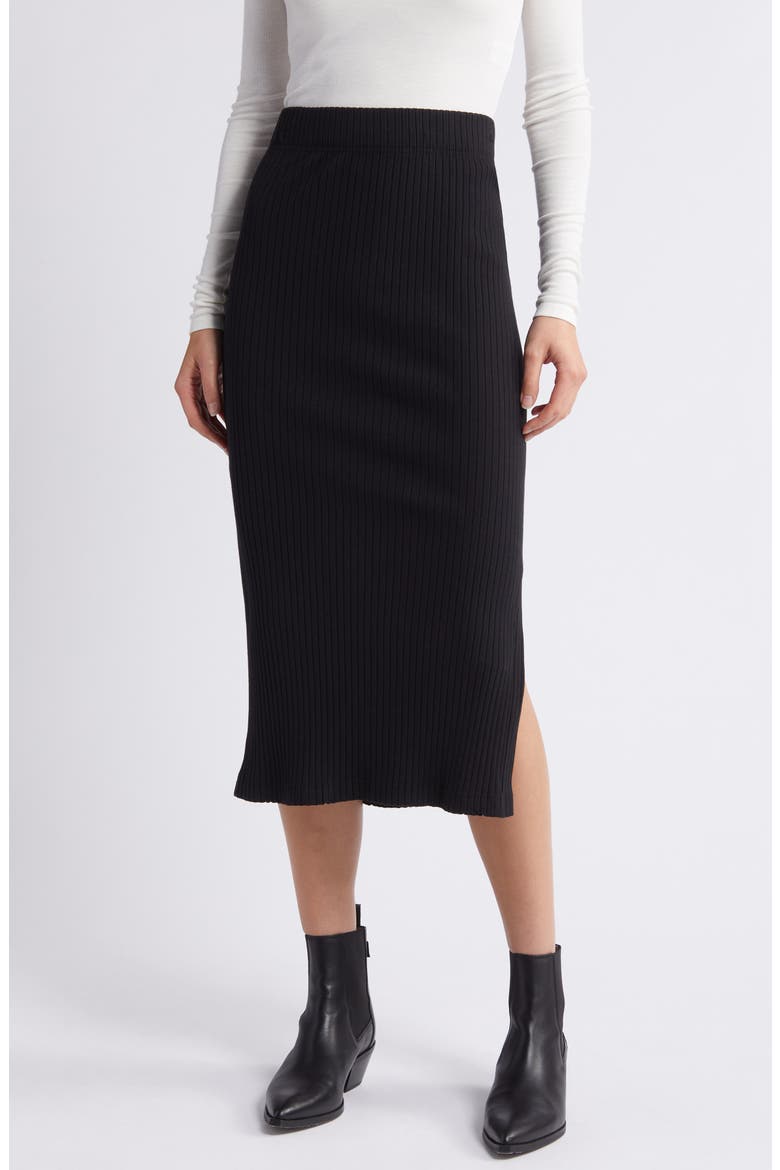 Angie Side Slit Rib Midi Skirt, Main, color, TRUE BLACK
