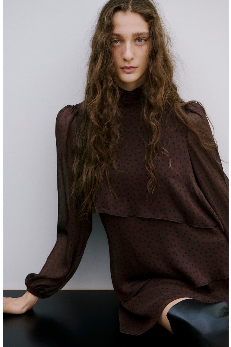 Dot Ruffle Long Sleeve Minidress, Alternate, color, BROWN