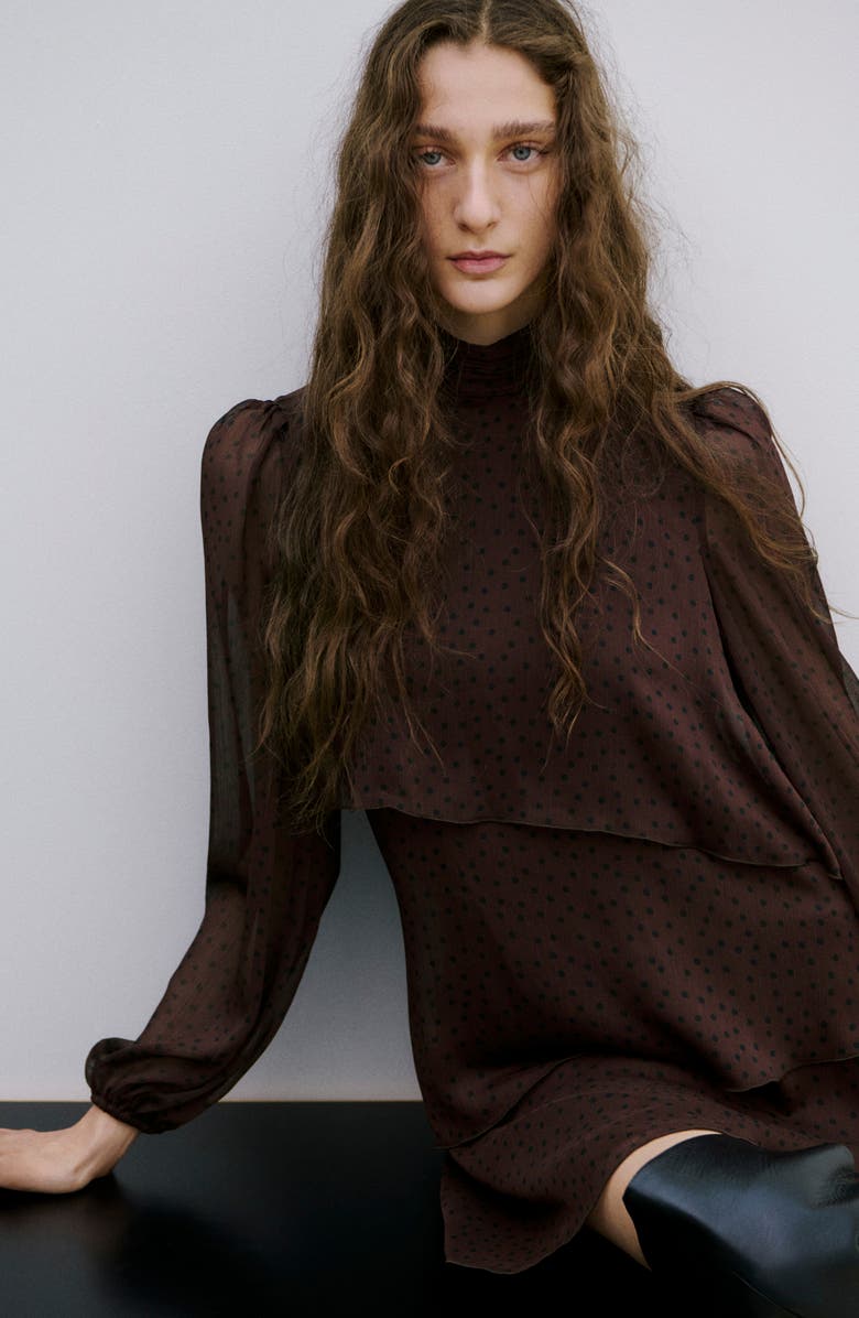 MANGO Dot Ruffle Long Sleeve Minidress, Alternate, color, Brown