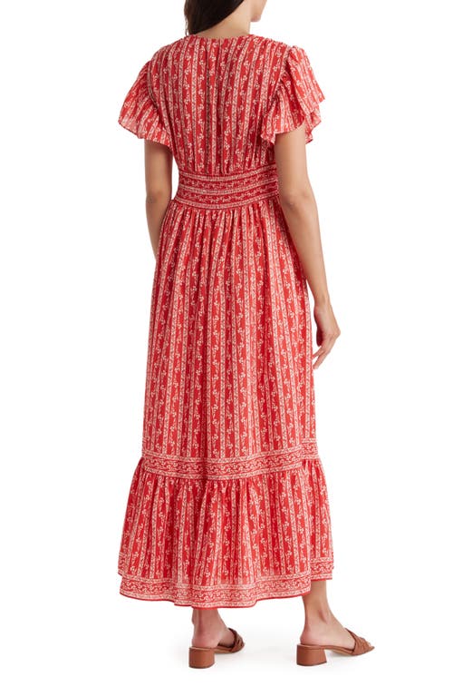 Max Studio Flutter Sleeve Floral Tiered Maxi Dress In Red/ivory Acorn Climber
