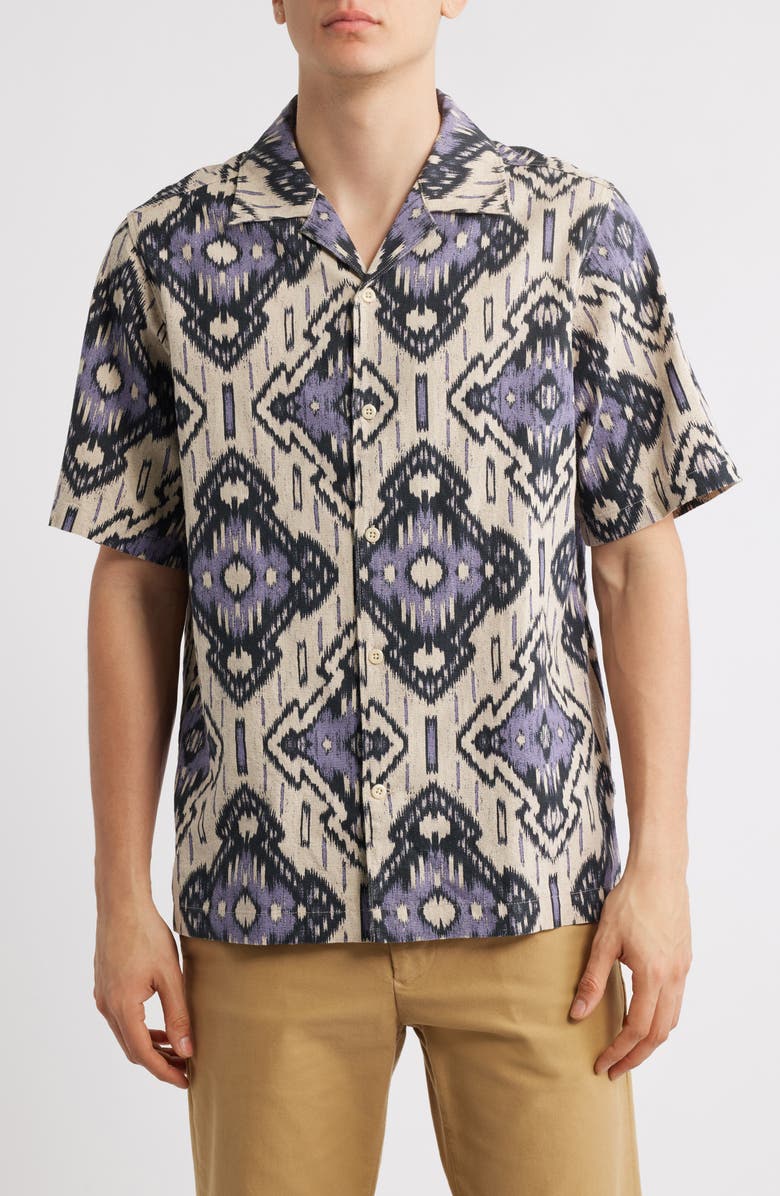 NN07 Julio Ikat Print Linen & Cotton Camp Shirt, Main, color, Violet