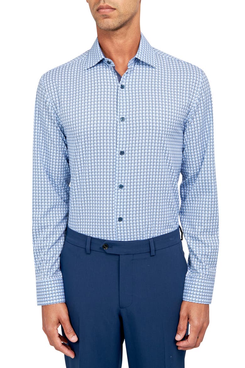 Squiggle Geometric Print Performance Dress Shirt, Main, color, WHITE/ BLUE