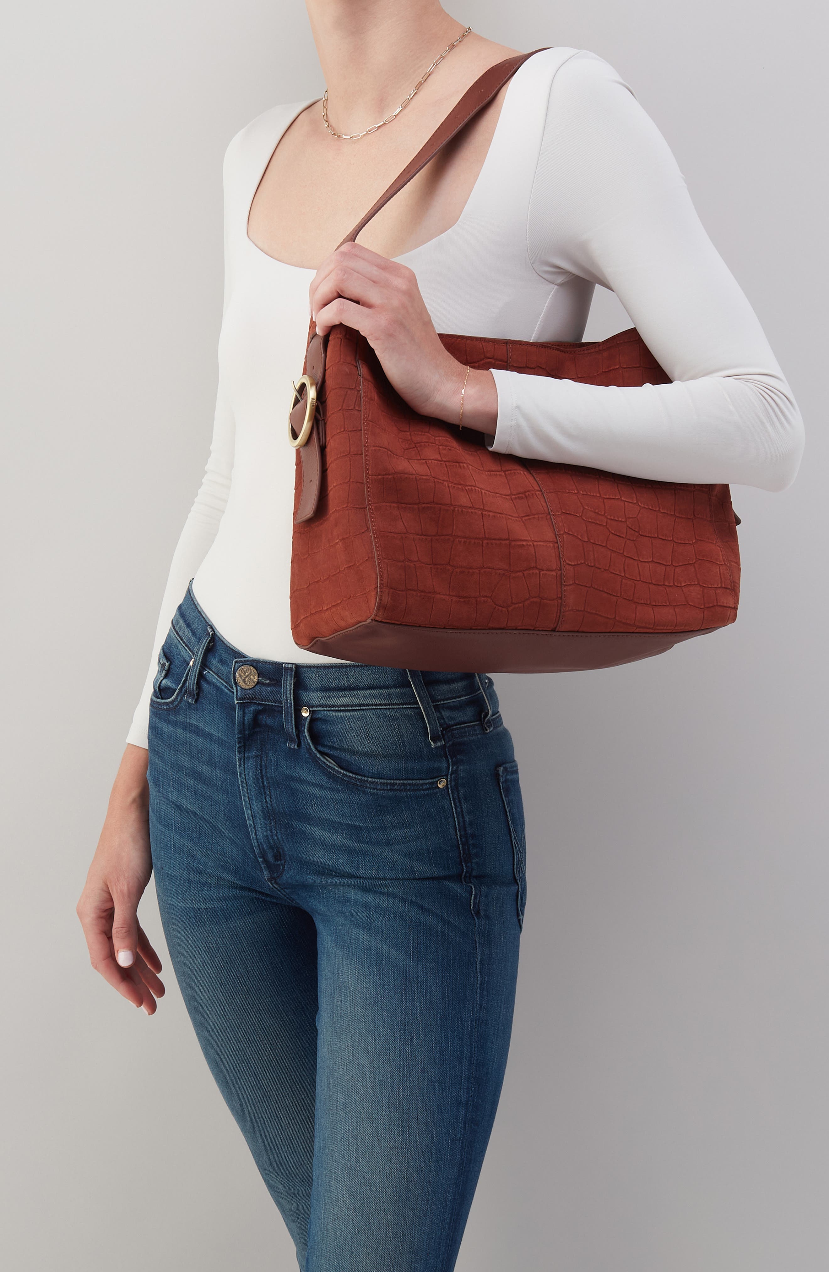 HOBO Render Croc Embossed Leather Shoulder Bag, Alternate, color, Sequoia Croc Emboss