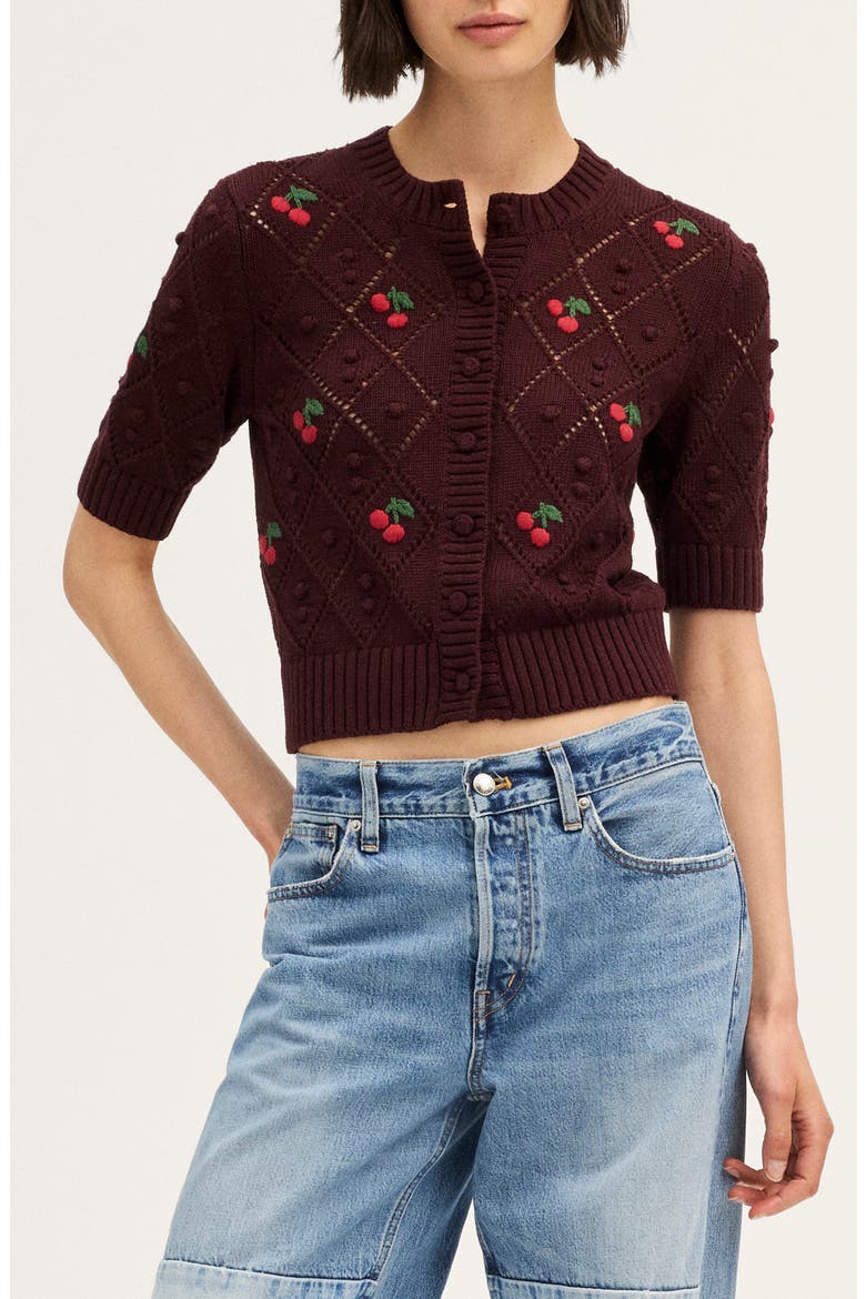 Embroidered Bauble Cotton Pointelle Stitch Cardigan, Main, color, SMOKED CLARET CHERRY