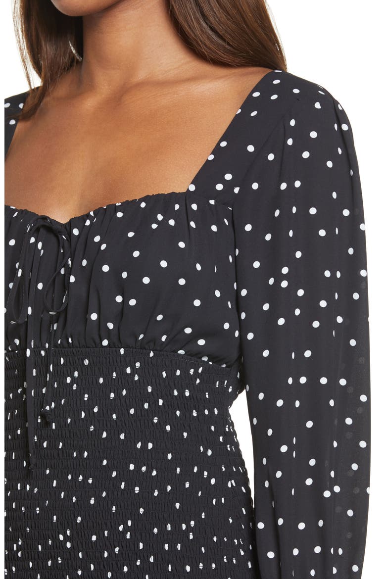 Polka Dot Smocked Long Sleeve Minidress, Alternate, color, BLACK