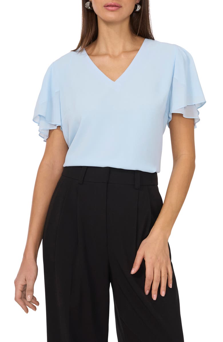 Vince Camuto V-Neck Tulip Sleeve Chiffon Top, Main, color, Frozen