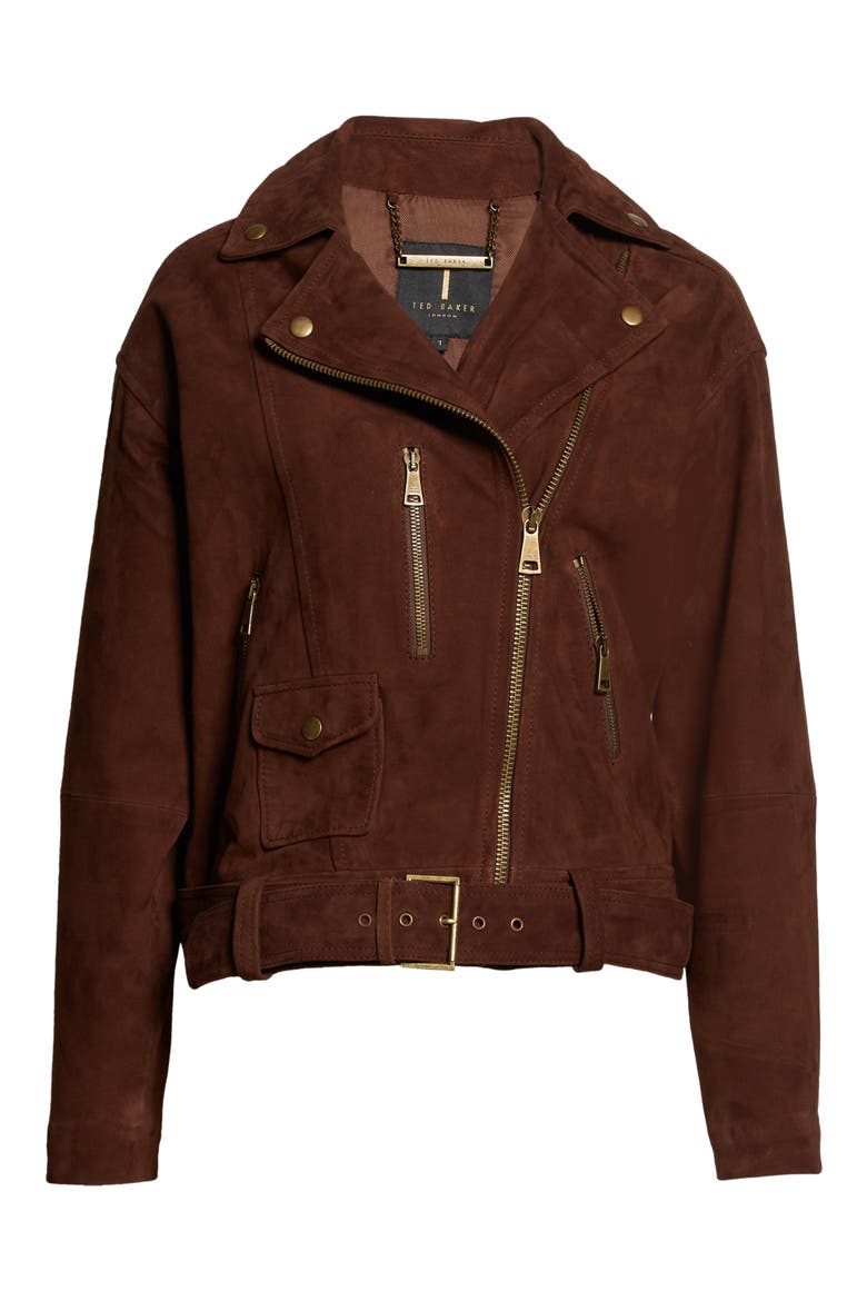 Tiffniy Oversize Suede Biker Jacket, Alternate, color, DARK BROWN