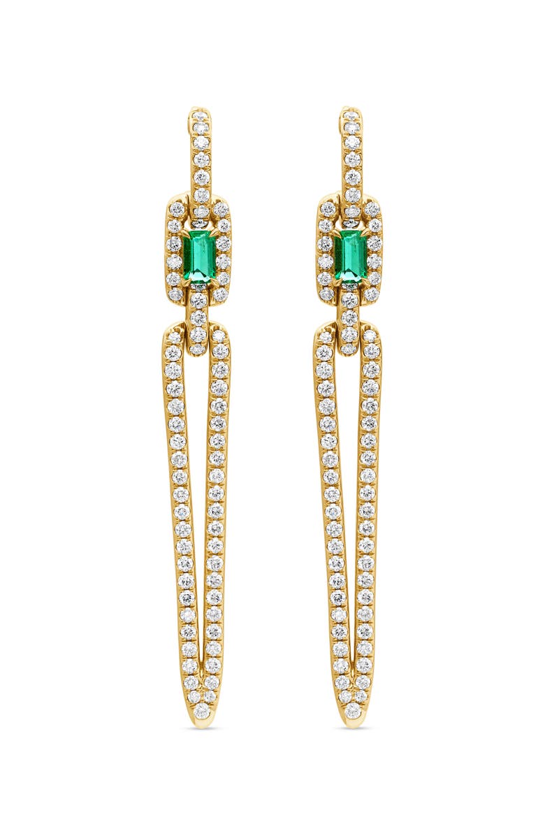 David Yurman Stax Elongated Drop Earrings in 18K Yellow Gold with Pavé Diamonds and Emerald, Main, color,