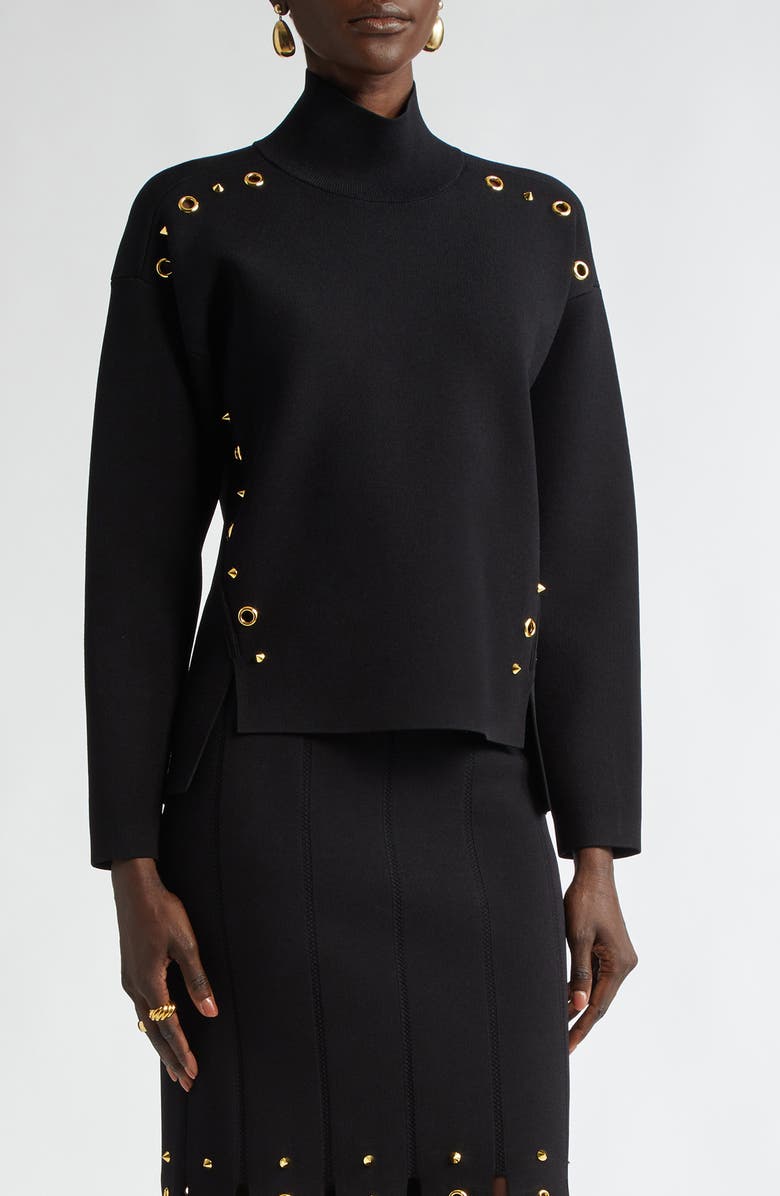 ST. JOHN Grommet Studded Mock Neck Sweater, Main, color, 