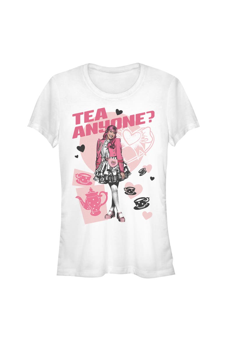 Junior's Descendants Wicked Wonderland Pink Tea Time  Graphic T-Shirt, Main, color, White