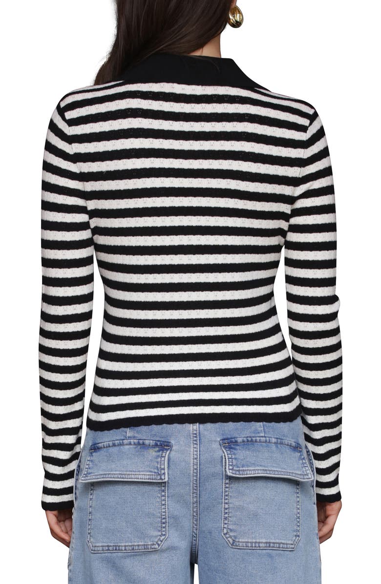 Avec Les Filles Striped Pointelle Polo Cardigan, Alternate, color, Black/ Cream