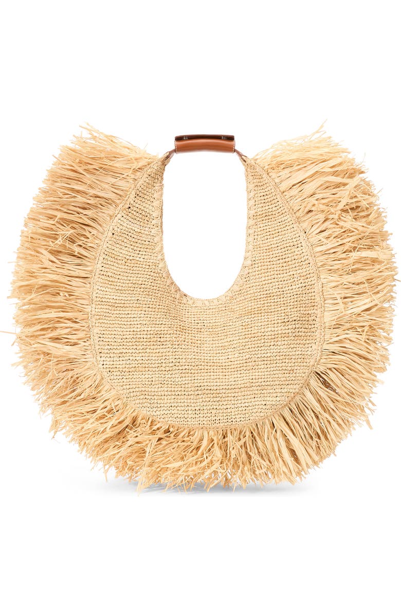 STAUD Large Moon Fringe Raffia Top Handle Tote, Main, color,