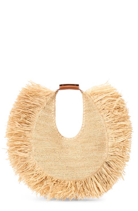 Large Moon Fringe Raffia Top Handle Tote