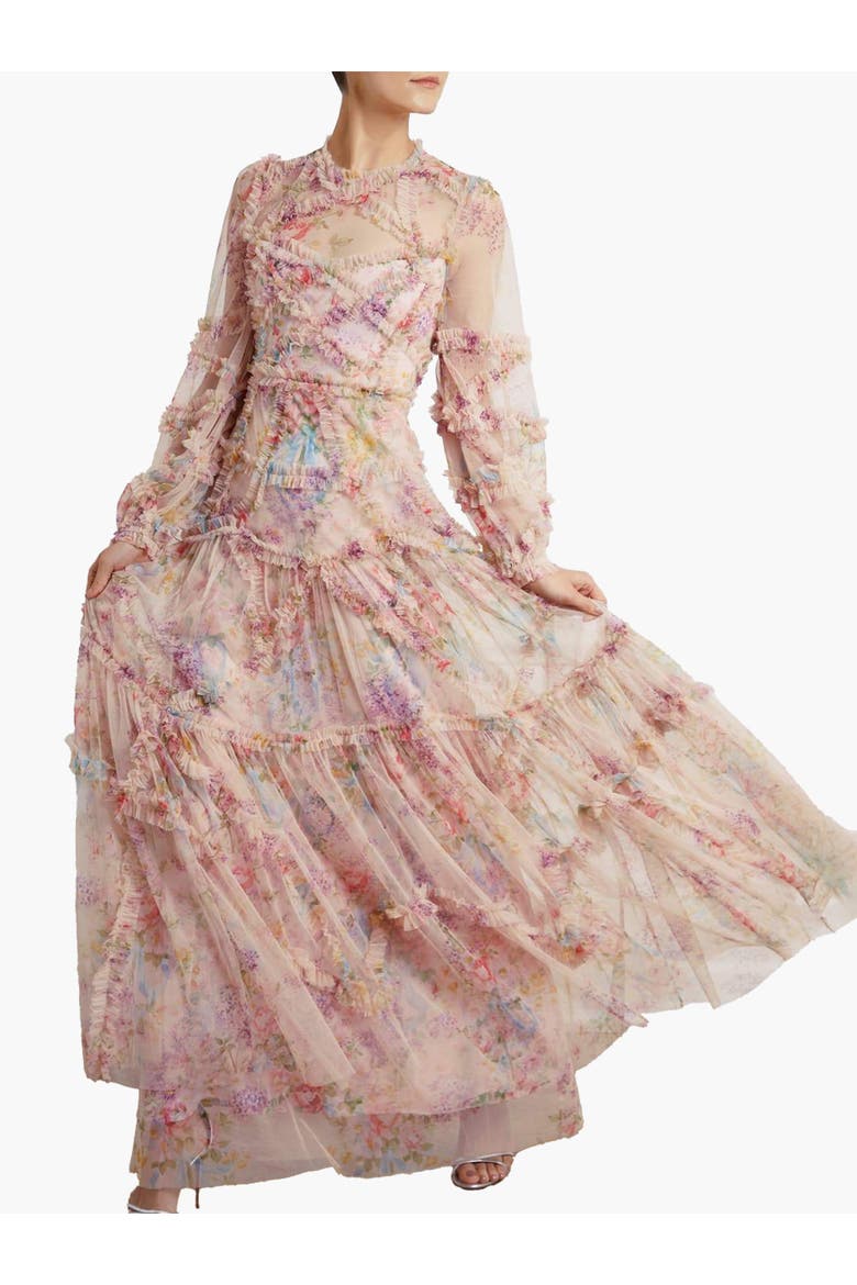 Floral Diamond Ruffle Gown, Main, color, Topaz Pink