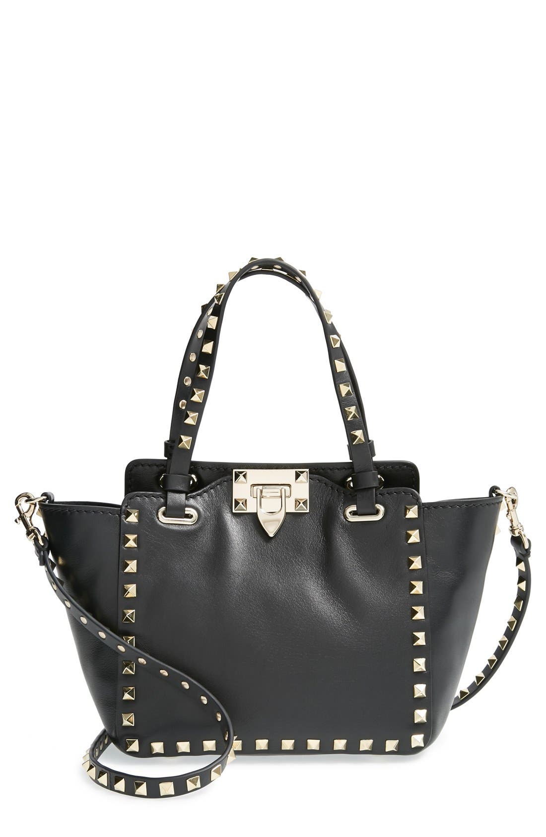 'Micro Mini Rockstud' Leather Tote, Main, color, BLACK