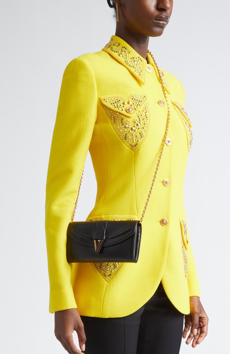 Versace V Leather Wallet on a Chain, Alternate, color, Black Versace Gold