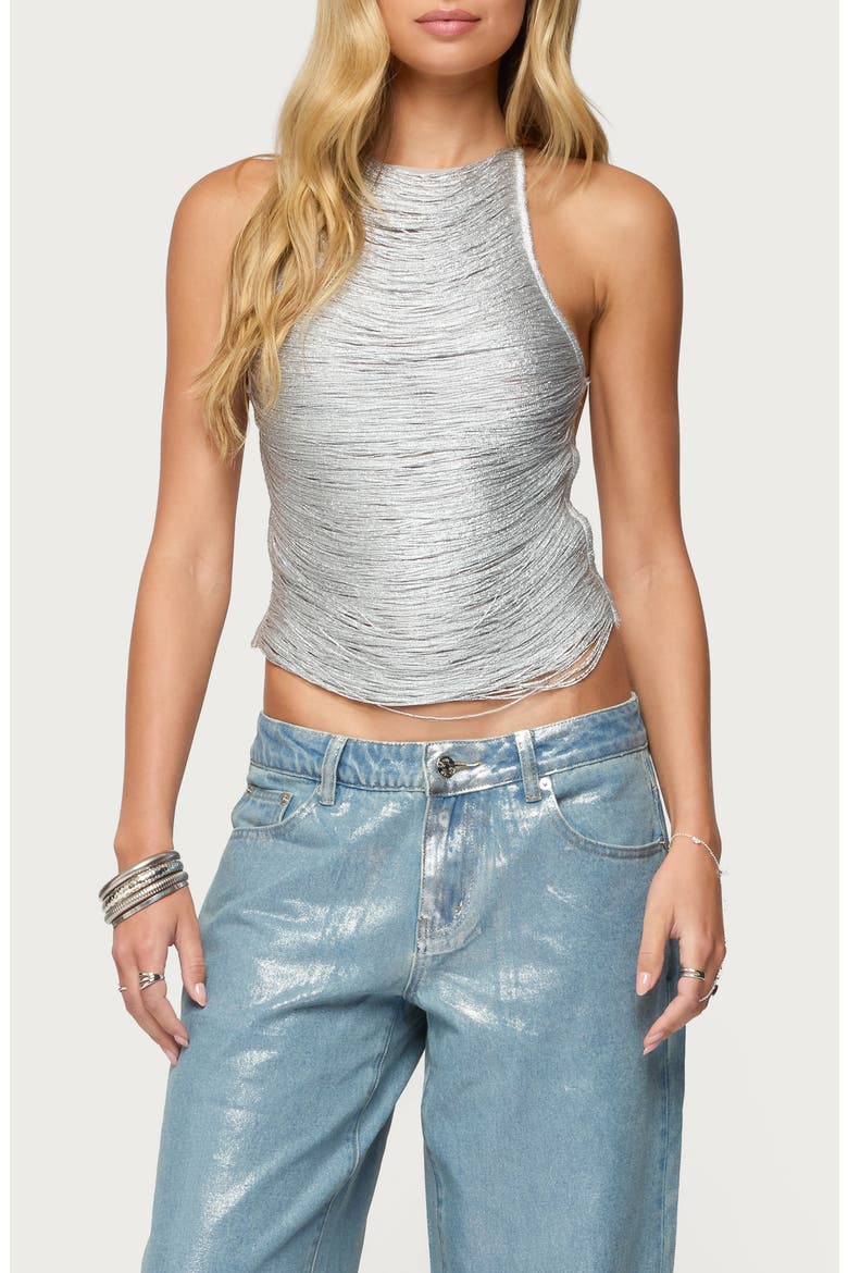 Kalana Metallic Fringe Open Back Camisole, Main, color, SILVER