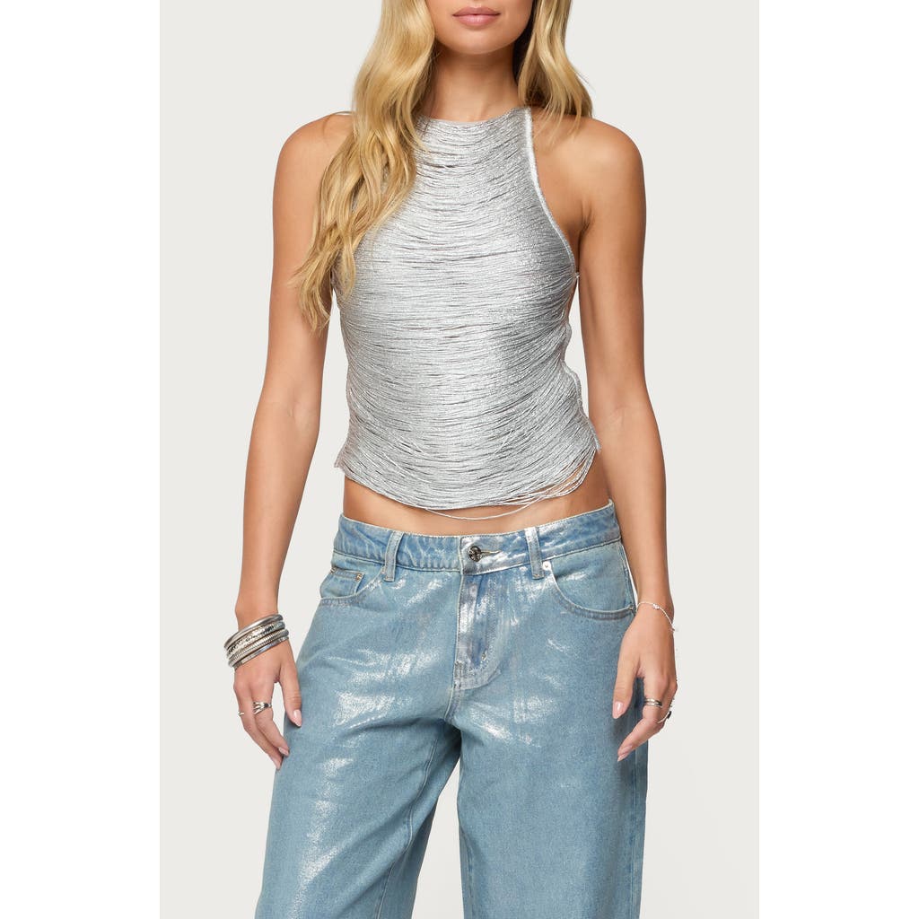 Edikted Kalana Metallic Fringe Open Back Camisole In Silver