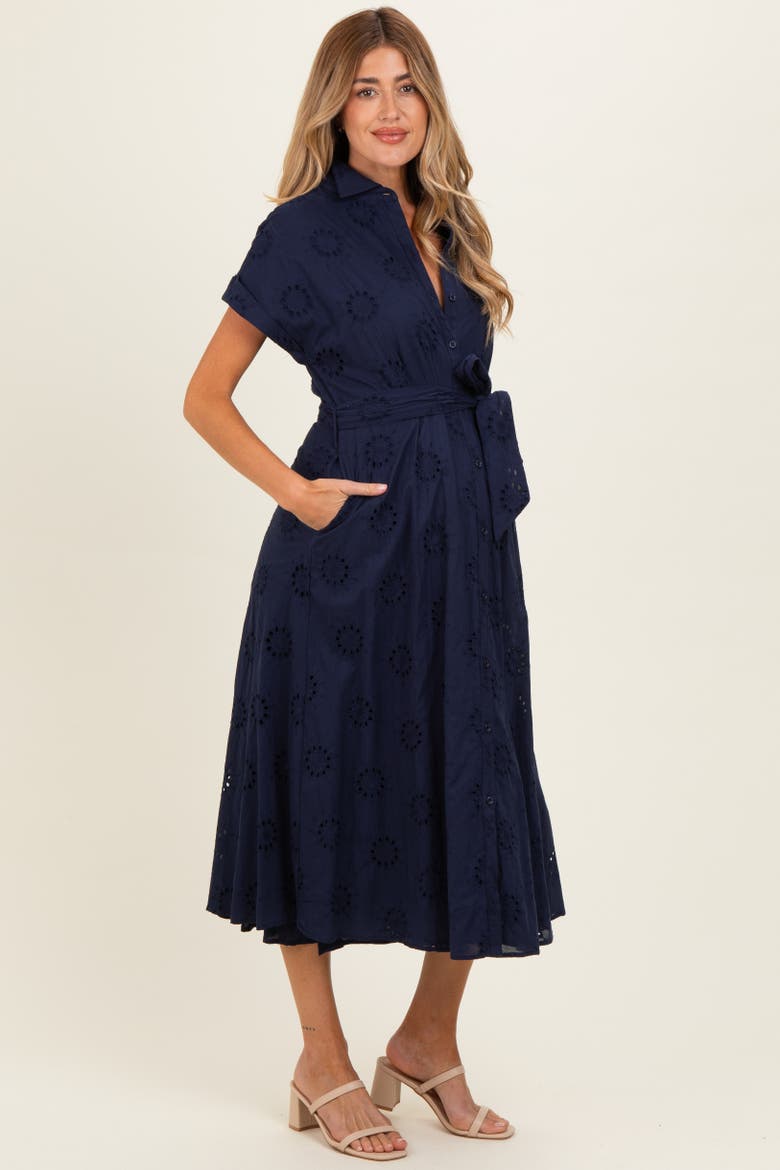 Eyelet Lace Waist Tie Shirt Dress, Alternate, color, Navy Blue