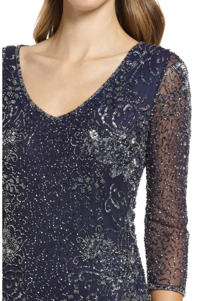 Beaded V-Neck Cocktail Dress, Alternate, color, NAVY