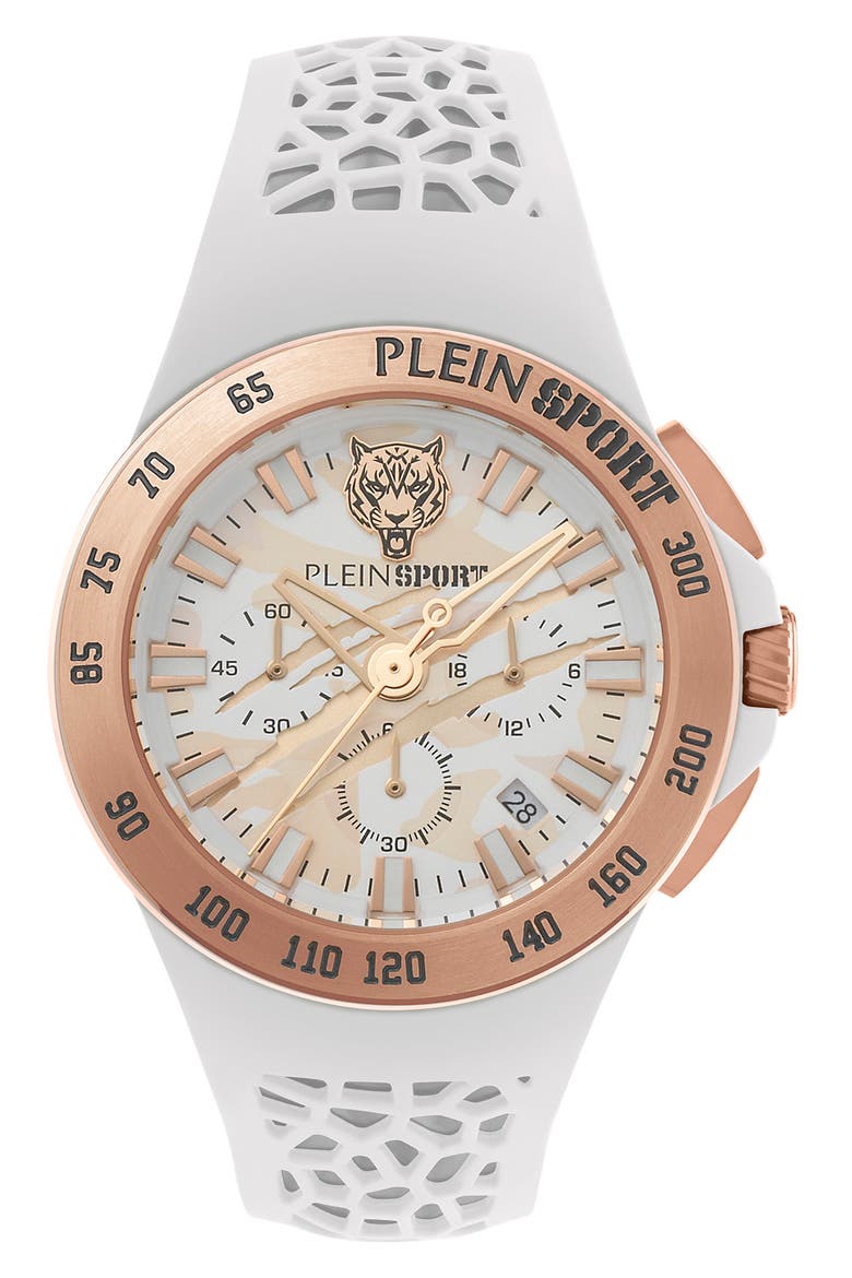 Camo Dial Three-Hand Quartz Silicone Strap Watch, 43mm, Main, color, ROSEGOLD
