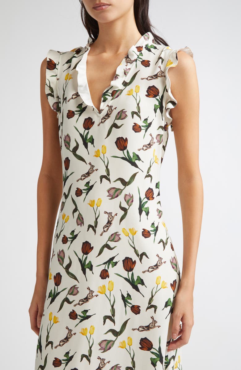Marni Tulips & Hares Ruffle Satin Midi Dress, Alternate, color, Limestone
