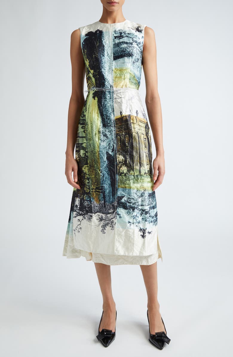 Erdem Print Pleated Back Satin Midi Dress, Main, color,