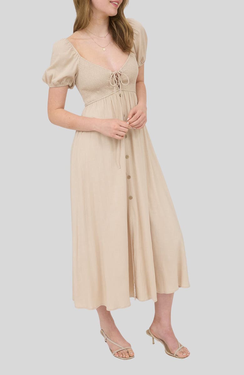 Blu Pepper Puff Sleeve Smocked Midi Dress, Alternate, color, Light Khaki