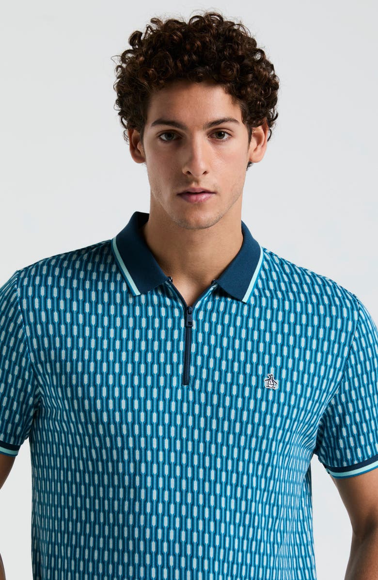Original Penguin Geometric Jacquard Tipped Zip Polo, Alternate, color, Mosaic Blue