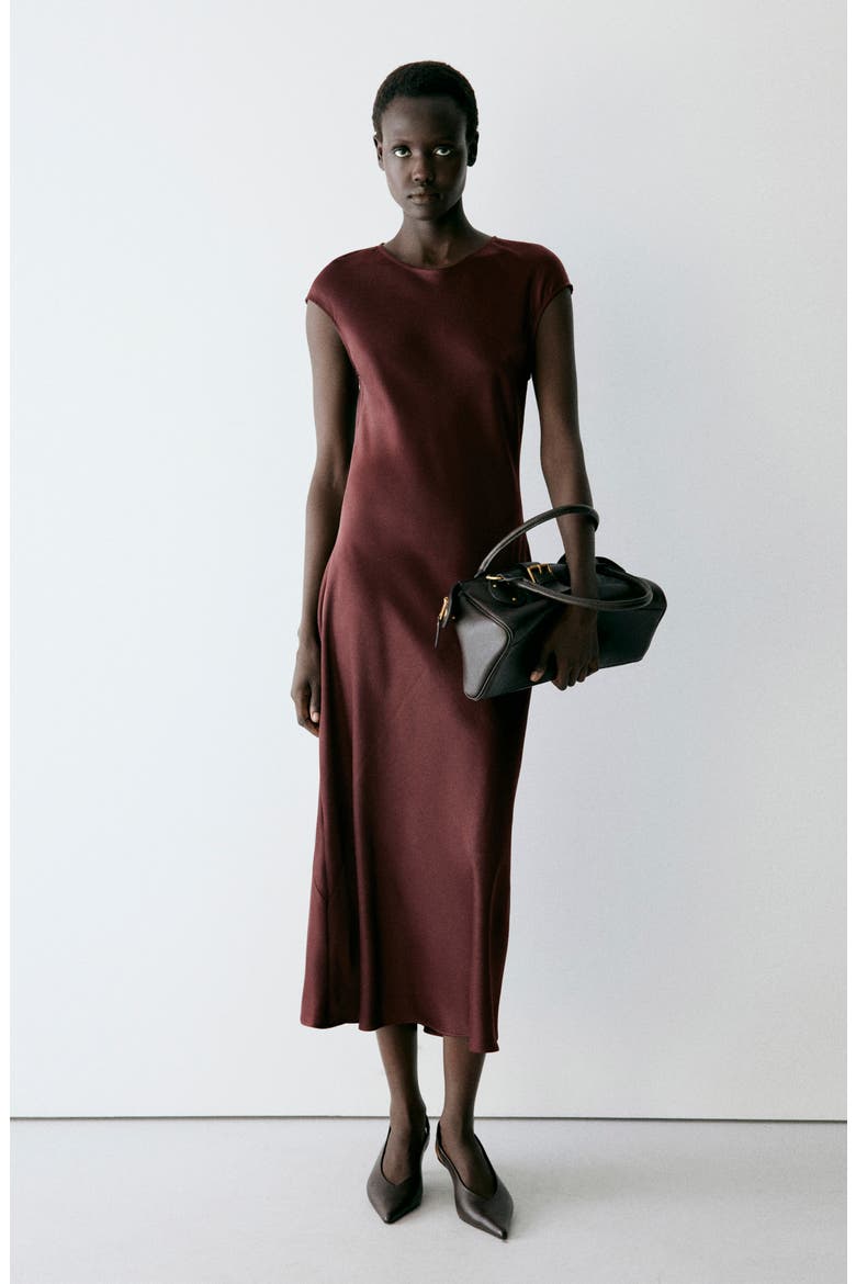Satin Midi Dress, Alternate, color, BROWN
