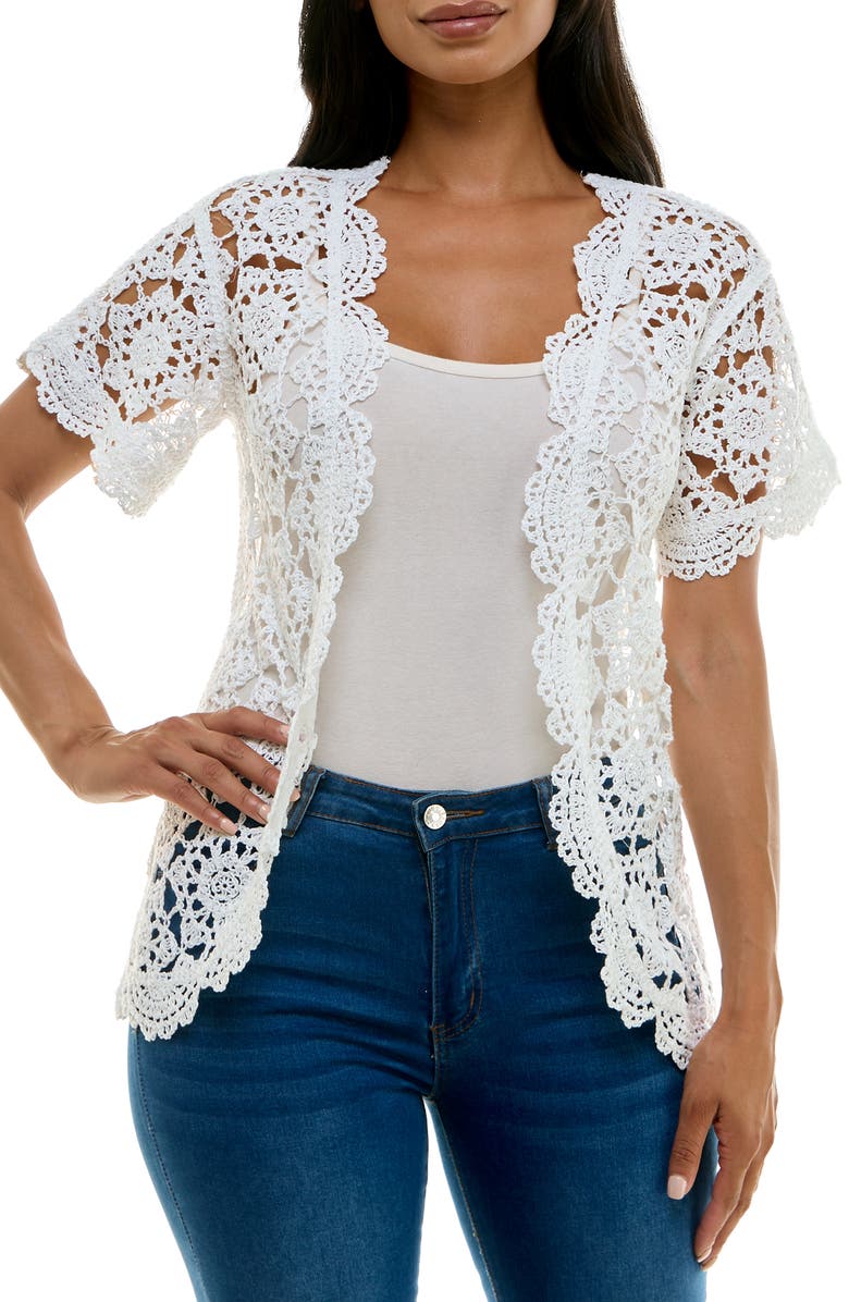 Nina Leonard Lace Scallop Edge Cardigan, Main, color, 