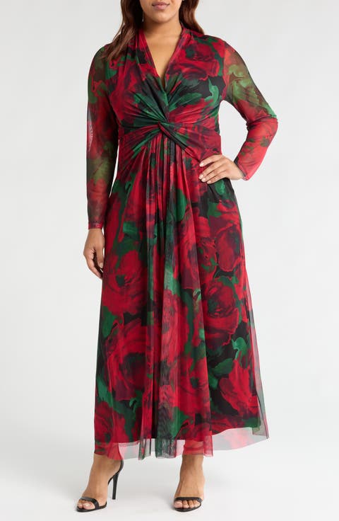 Floral Twist Front Long Sleeve Mesh Maxi Dress (Plus)