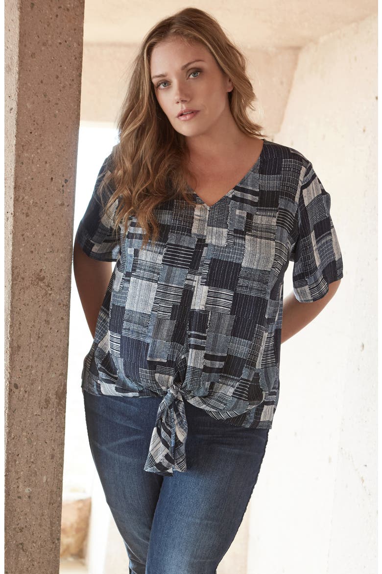 Patchwork Print Tie Front Top, Alternate, color, PRINT