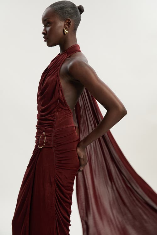 Karen Millen Slinky Crepe High Neck Maxi Dress In Brown