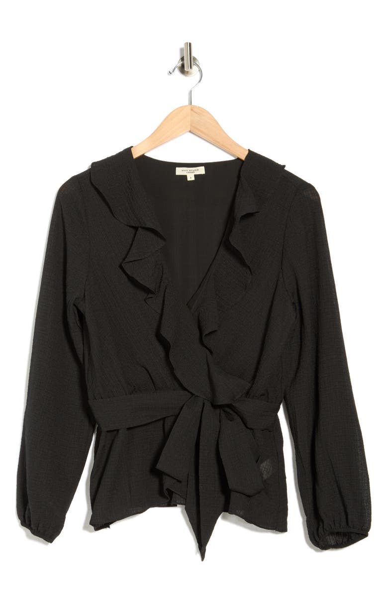 MAX STUDIO Ruffle Long Sleeve Faux Wrap Top, Alternate, color, Black