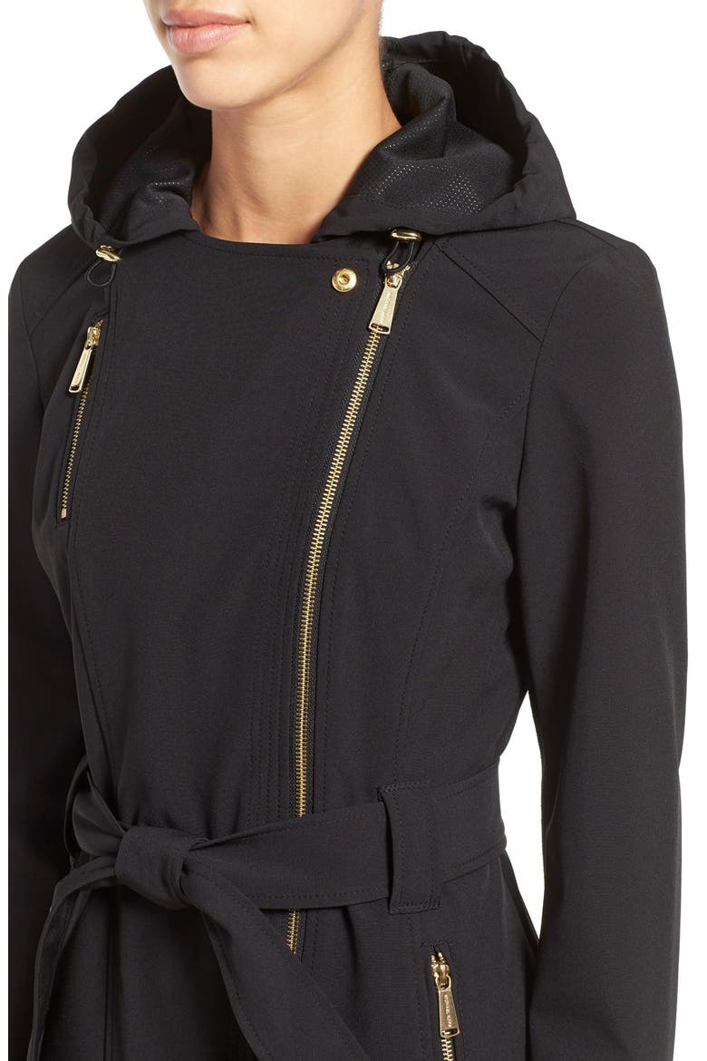 Asymmetrical Zip Belted Soft Shell Coat, Alternate, color, BLACK