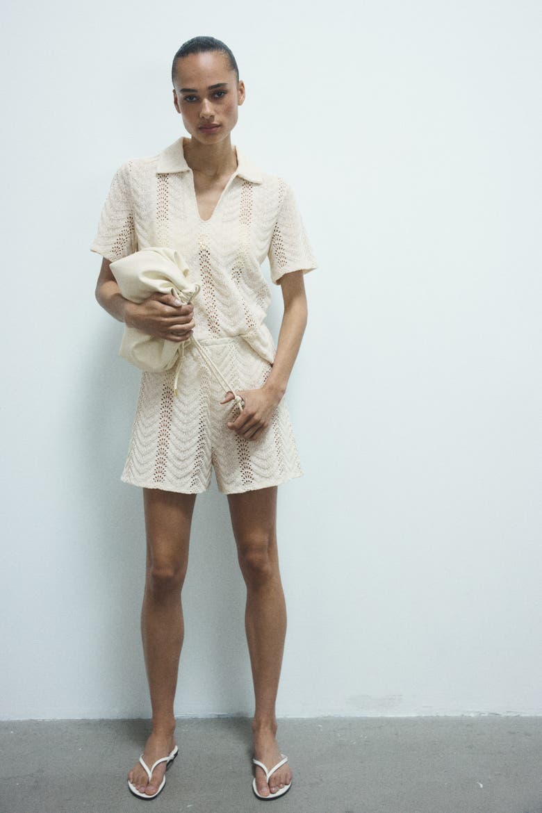 Crochet-look Polo Shirt, Alternate, color, Light beige