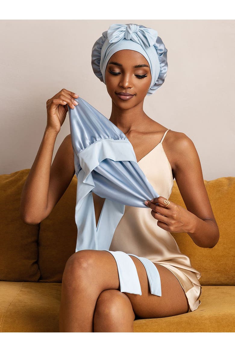 Pure Silk Double-layer Bonnet - With Adjustable Long Tie, Alternate, color, LightBlue