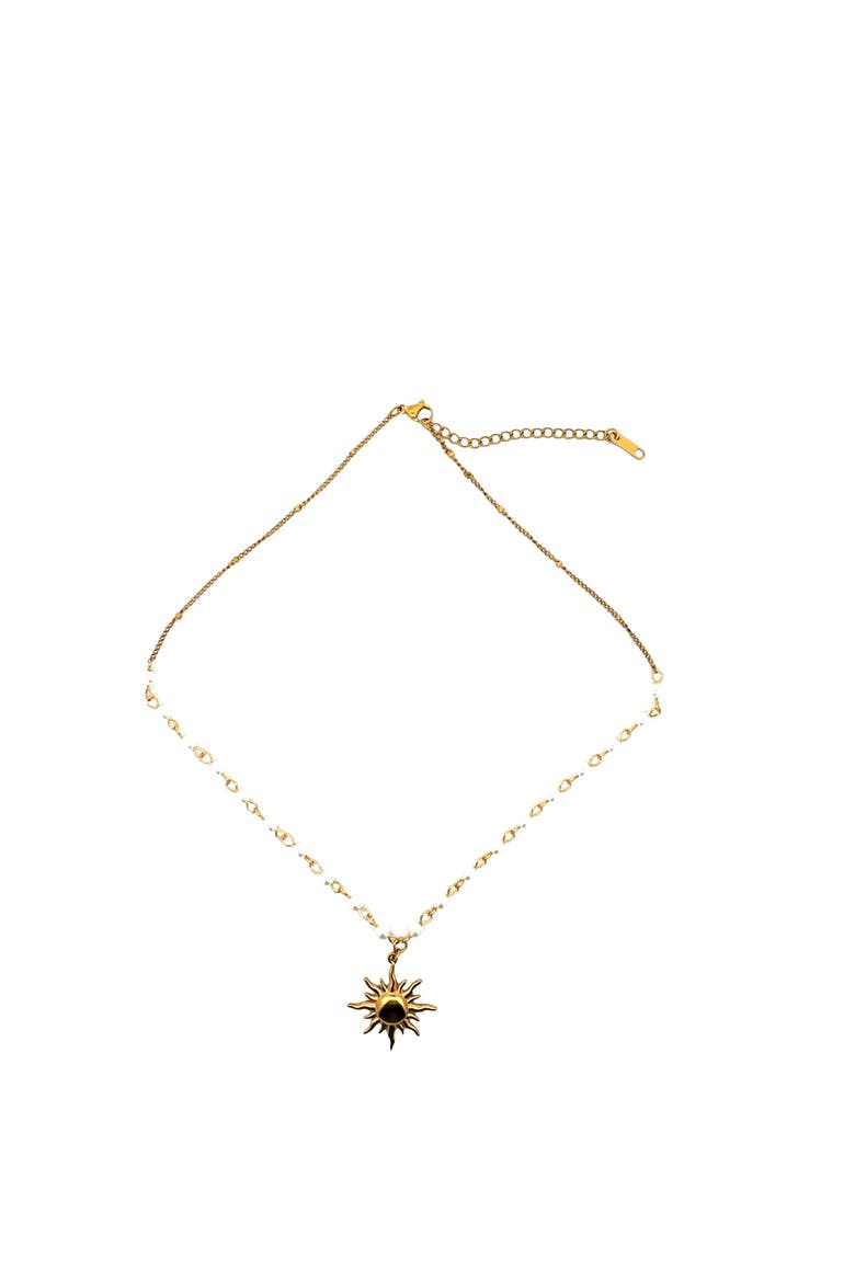 Sun Pendant Faux Pearl Station Necklace, Main, color, yellow