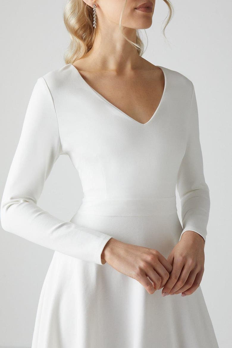 V Neck Full Skirt Midi Wedding, Alternate, color, Ivory