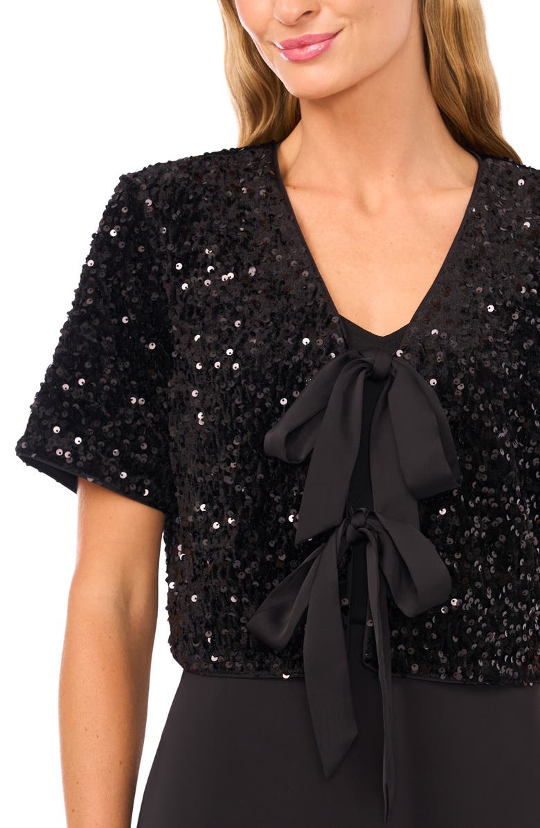 CeCe Sequin Tie Front Velvet Top, Alternate, color, Rich Black