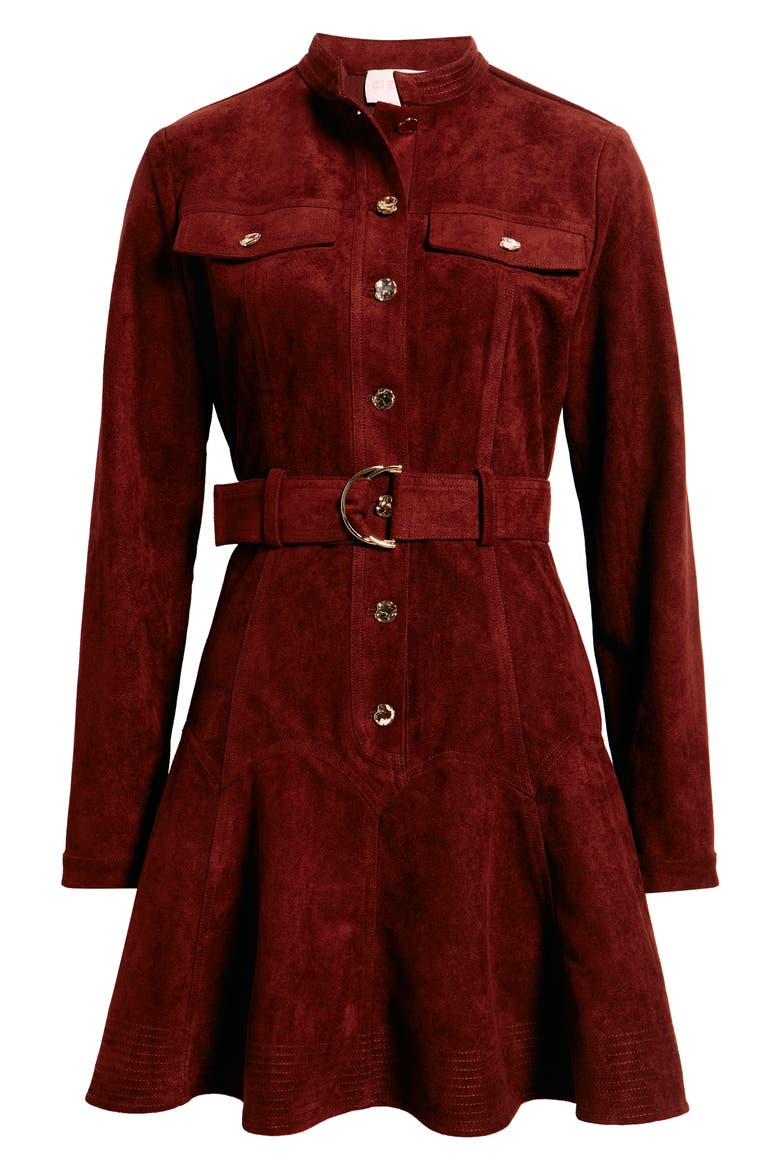 Laurie Long Sleeve Belted Faux Suede Shirtdress, Alternate, color, BROWN WINE