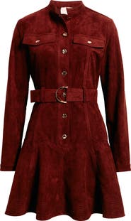 CIEBON Laurie Long Sleeve Belted Faux Suede Shirtdress