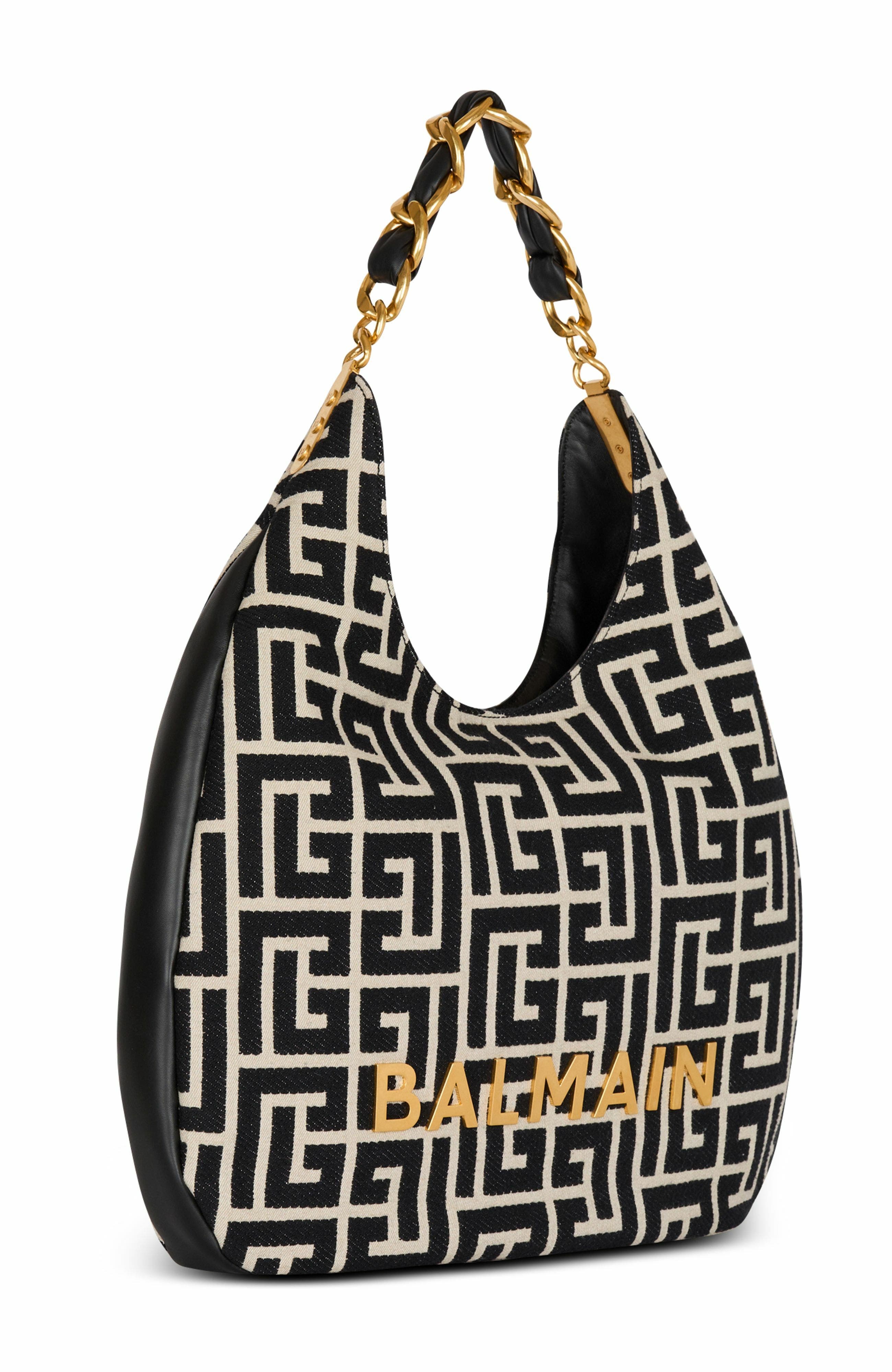 Balmain 1945 Soft Hobo Large Monogrammed Jacquard Tote Bag, Alternate, color, 