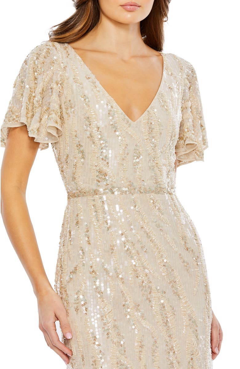 Mac Duggal Sequined V Neck Flutter Sleeve Tea Length Dress, Alternate, color, Oyster