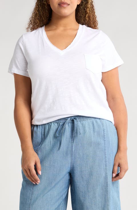 Short Sleeve Cotton & Modal V-Neck Pocket T-Shirt (Plus)