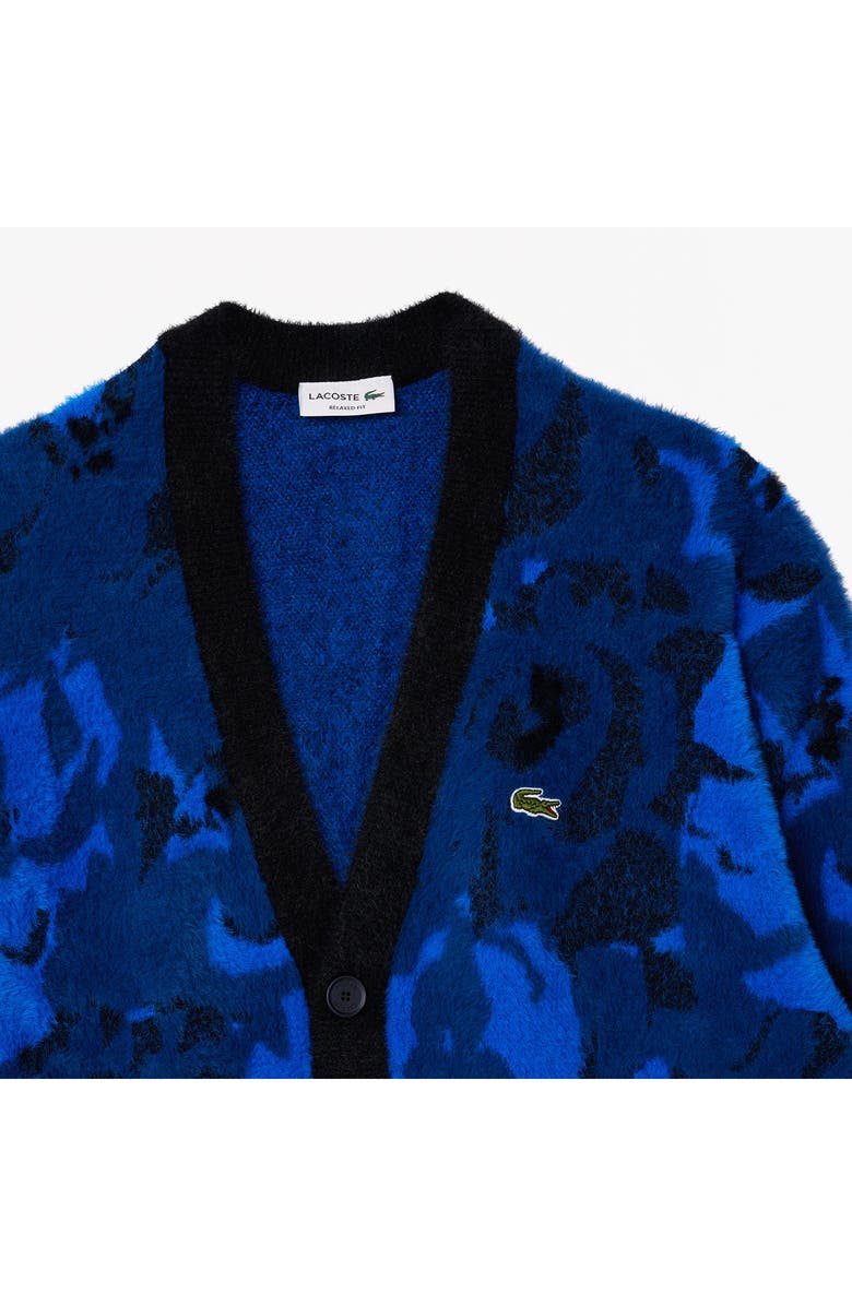 Lacoste Relaxed Fit Intarsia Floral Cardigan, Alternate, color, Globe/ Navy Blue-Lazuli