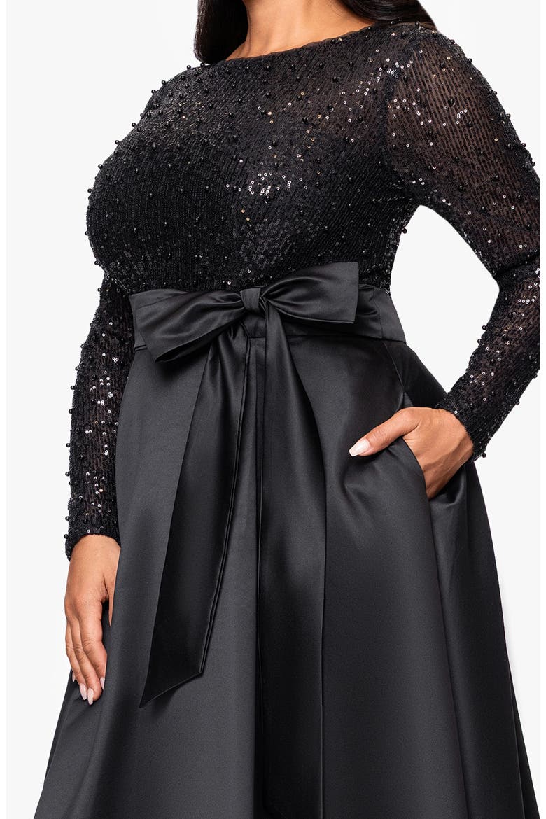 Sequin Bodice Long Sleeve Gown, Alternate, color, BLACK